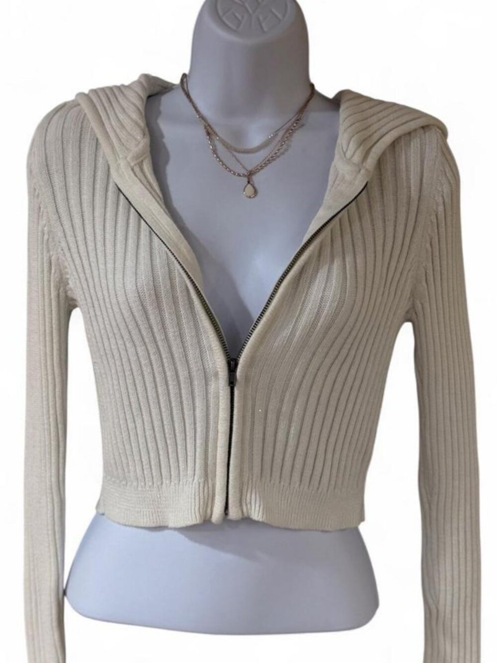 Aeropostale Cream Ribbed Knit Zip Hoodie - Picture 3 of 8